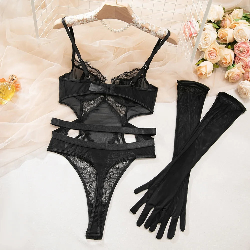 Women's Sexy Black Lace See-Through Jumpsuit - Hollow Mesh Shapewear Bodysuit for Special Occasions