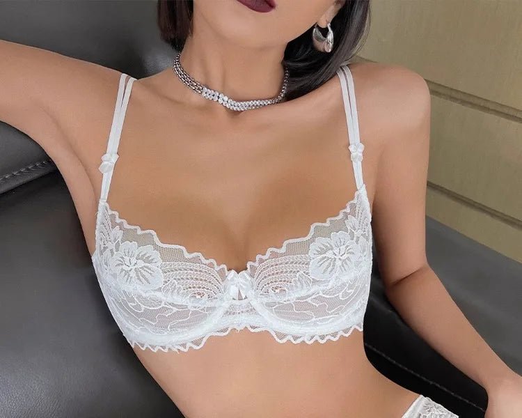 French Sexy Lace Bra for Small Boobs, Wirefree Bralette Ultra Thin, Light Support Traceless Bra Women White Lingerie Set MOYISU