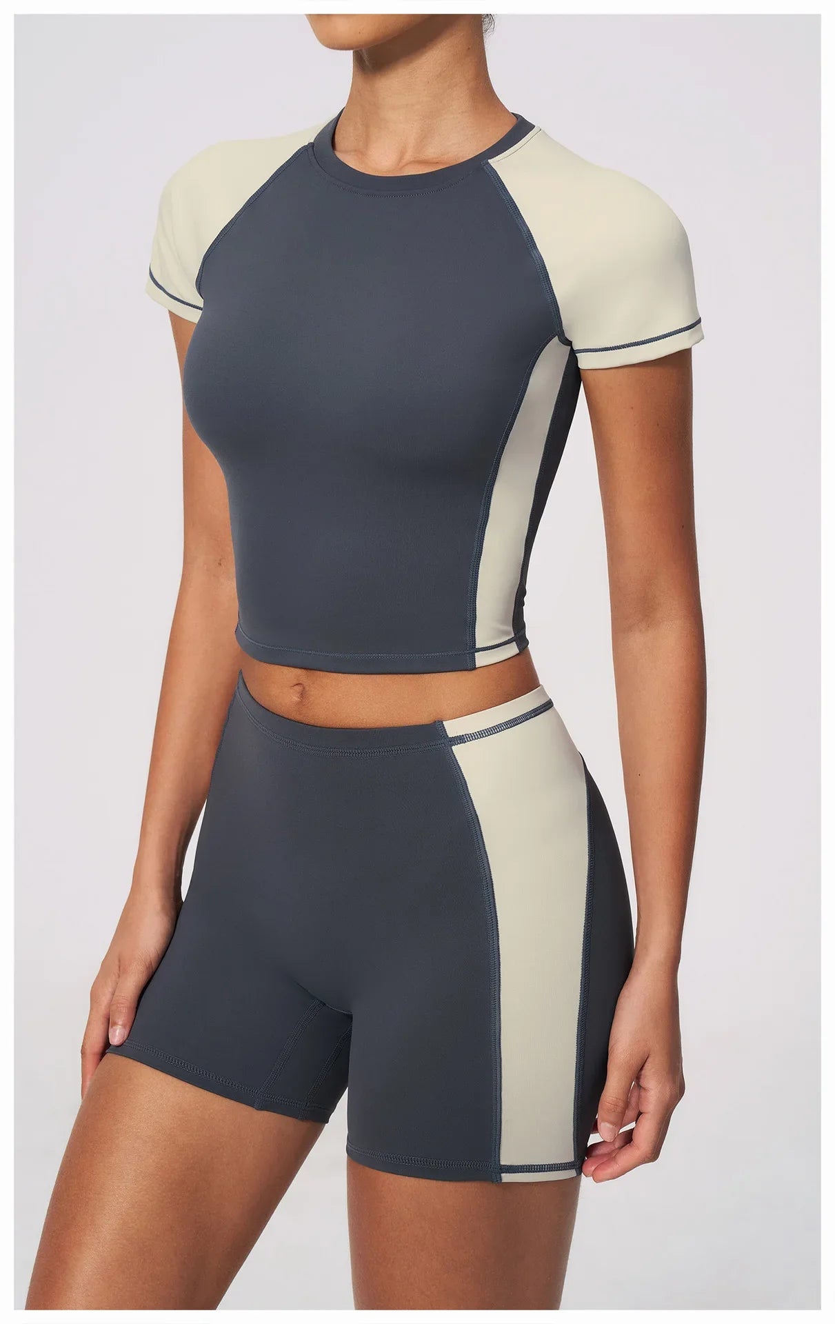 Summer New Yoga Sets Women Breathable Contrasting Color Short Sleeve Slim Sports T Shirts Training Running Shorts Fitness Suit