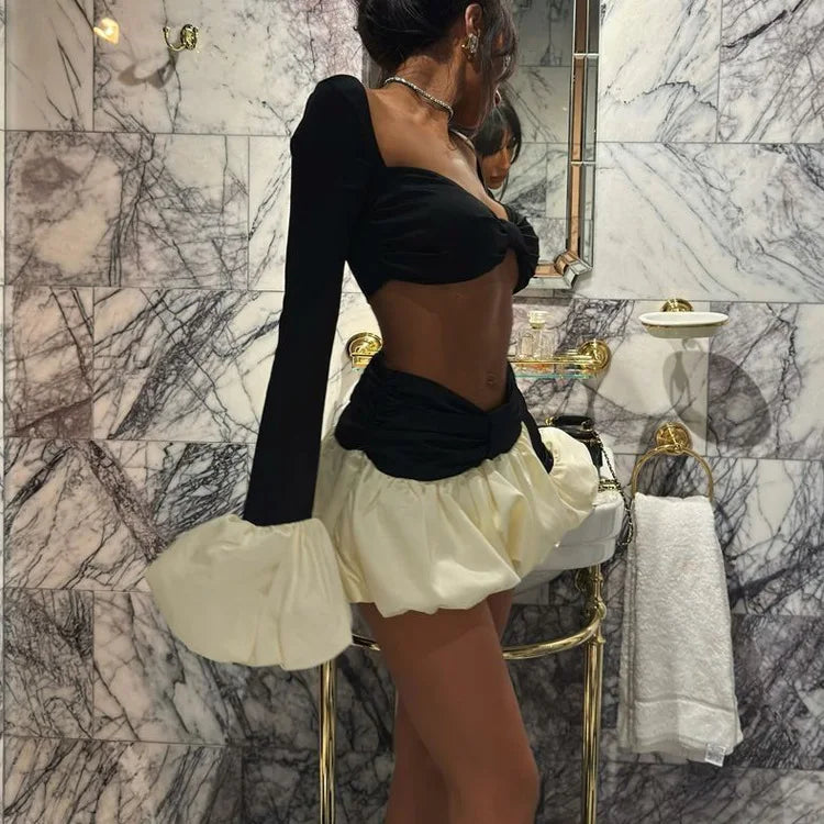 FDYOUI Sexy Flare Sleeve Super-short Zipper Tops+Pleated Skirts 2 Piece Set Women Patchwork Black Ball Gown Evening Party Dress