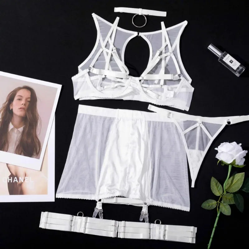 Toucheart 5-Pieces Erotic Lingerie Sexy Hip Skirt For Women Mesh Patchwork Hollow Out See-Through Lure Garters Underwear Suit