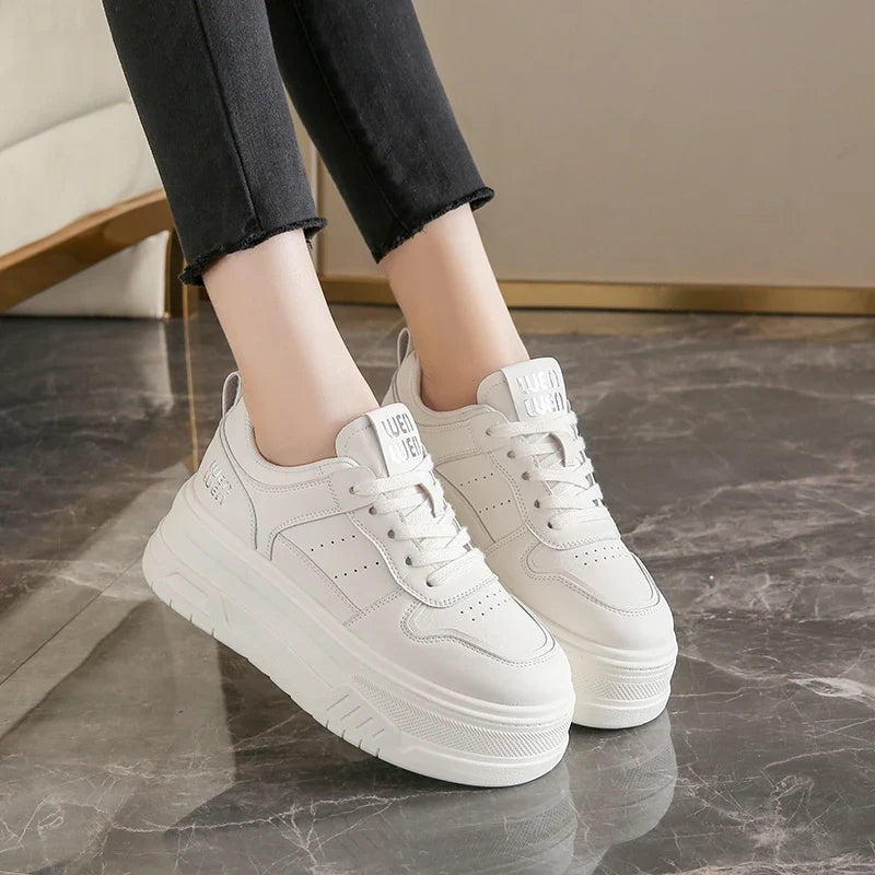 Pu Leather Thick Bottom Sneakers Women 2025 Breathable Platform Vulcanised Shoes Woman Womens All Match Lace Up Casual Sneakers