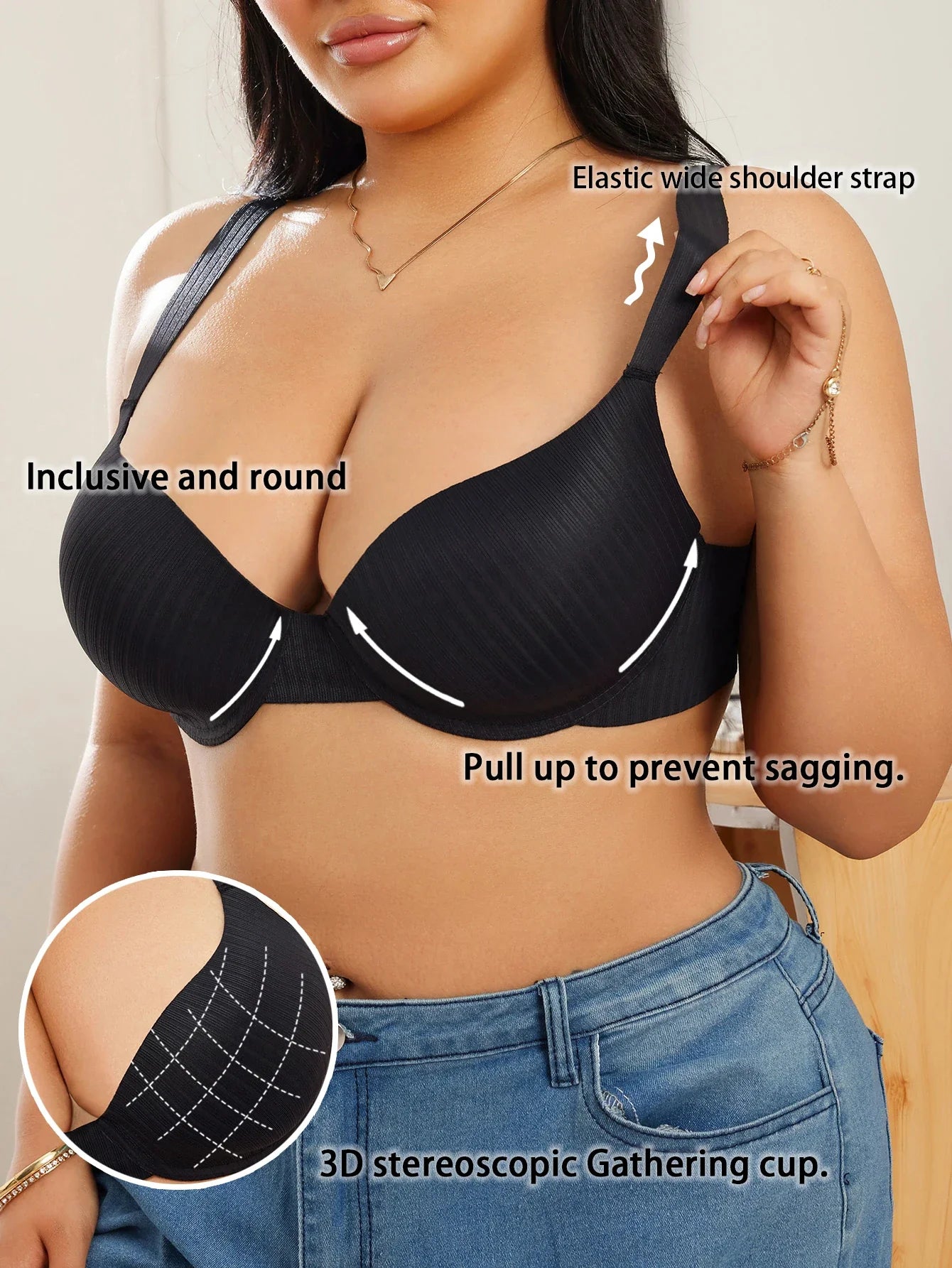 Wide Straps Women's B C D Bra Large Gather Push Up Bra Comfort Thin Cup Underwire Support Lingerie Bra