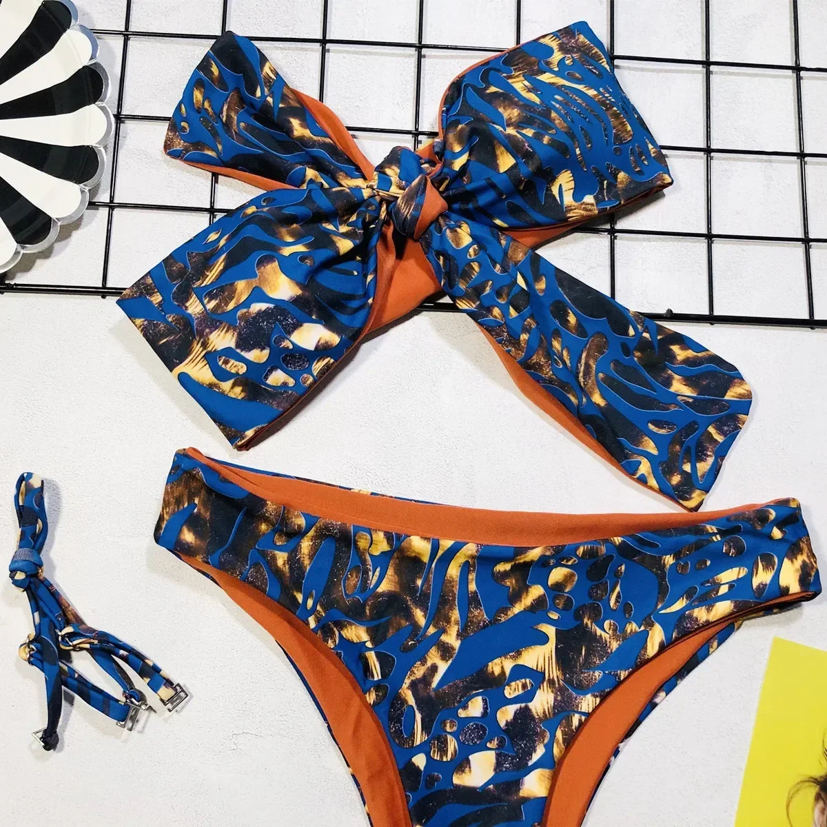 2026 Sexy Bikini Bandeau Women Blue Print Bowknot Swimwear Swimsuit Bikinis Set Bathing Suit Beach Bikini Female Removable Strap