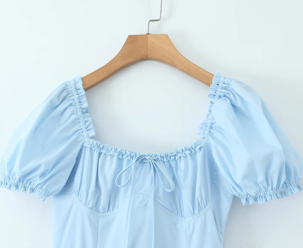 Bowknot Ruffles Light Blue Midi Dress Women's Summer Off Shoulder Short Sleeve Beach Dress Drawstring White A-line Vestidos 2025