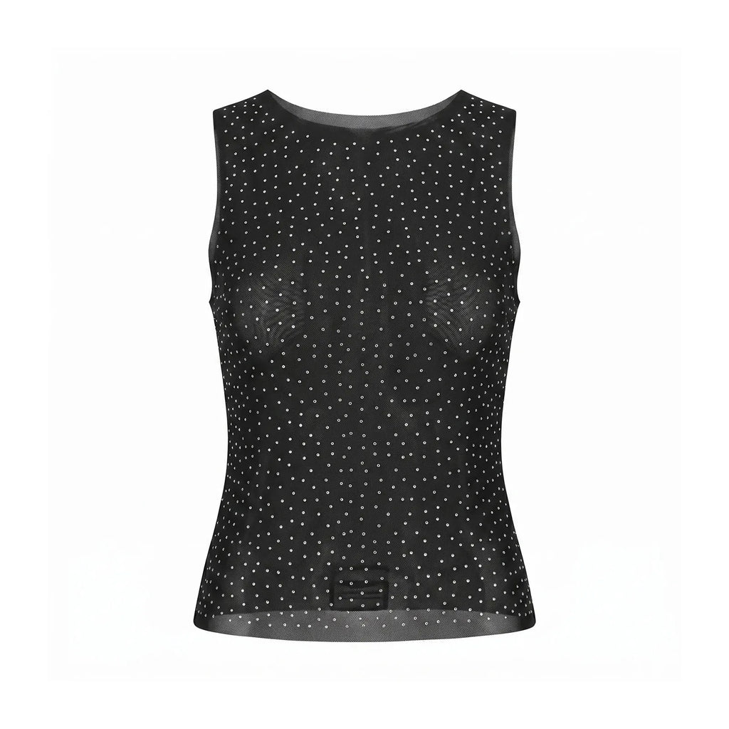 Women Sheer Rhinestones Tank Tops Mesh Sleeveless Shirt Aesthetic Beach Club Sexy Basic Vest Streetwear Summer