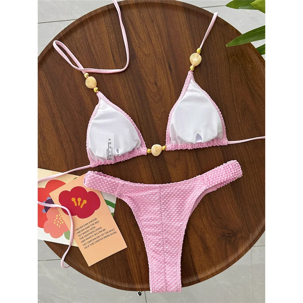 Wrinkled Crinkled Halter Bikini Female Swimsuit Women Swimwear Two-pieces Bikini set Brazilian Bather Bathing Suit Swim V8134