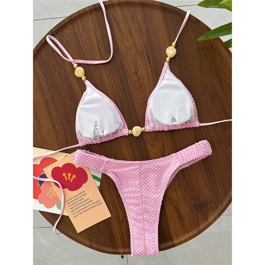 Wrinkled Crinkled Halter Bikini Female Swimsuit Women Swimwear Two-pieces Bikini set Brazilian Bather Bathing Suit Swim V8134