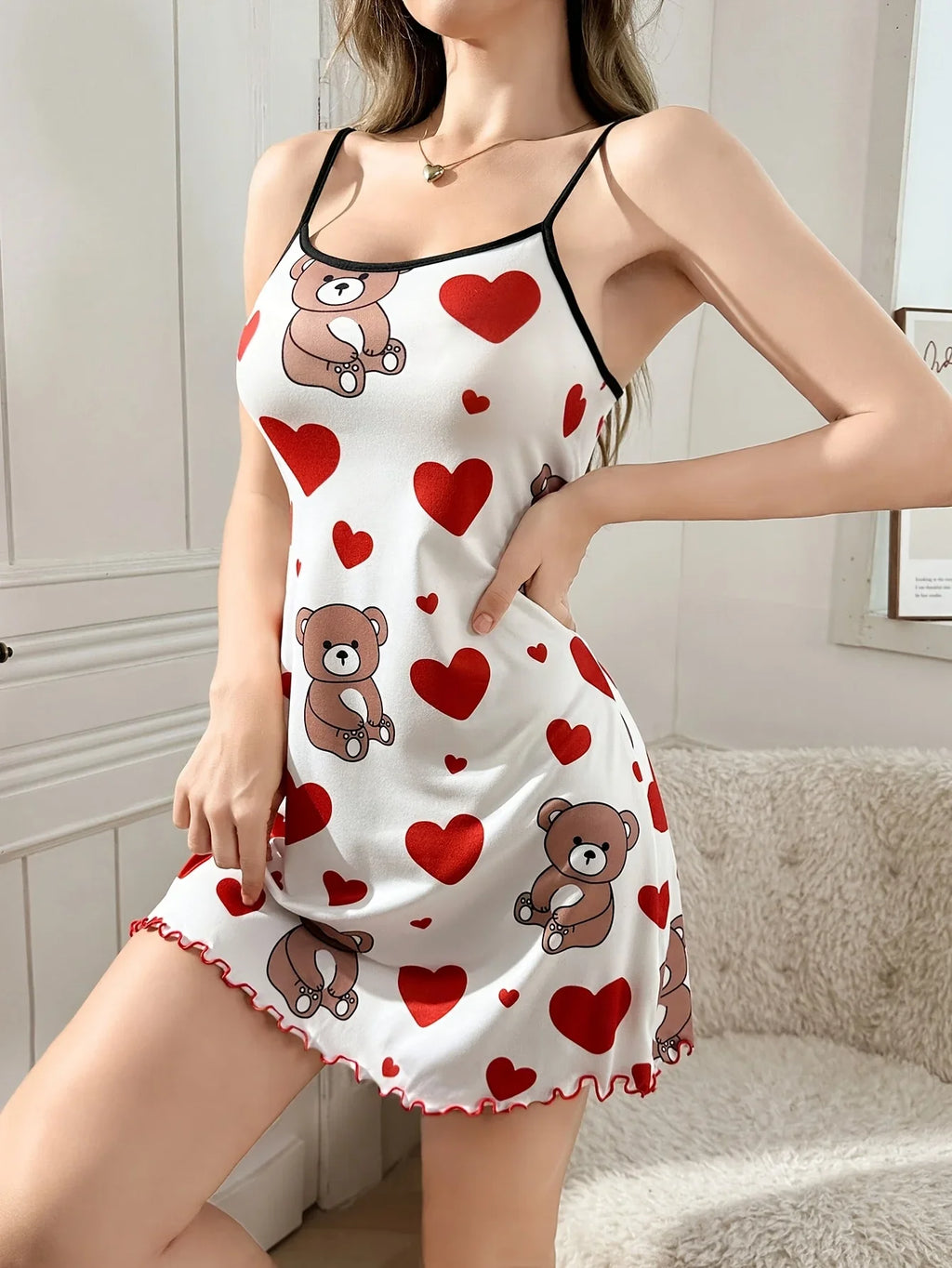 Summer Cute Teddy Bear & Hearts Printed Nightgowns Women's Sleeveless Ruffled Hem Sleep Dress Loungewear Sleepwear