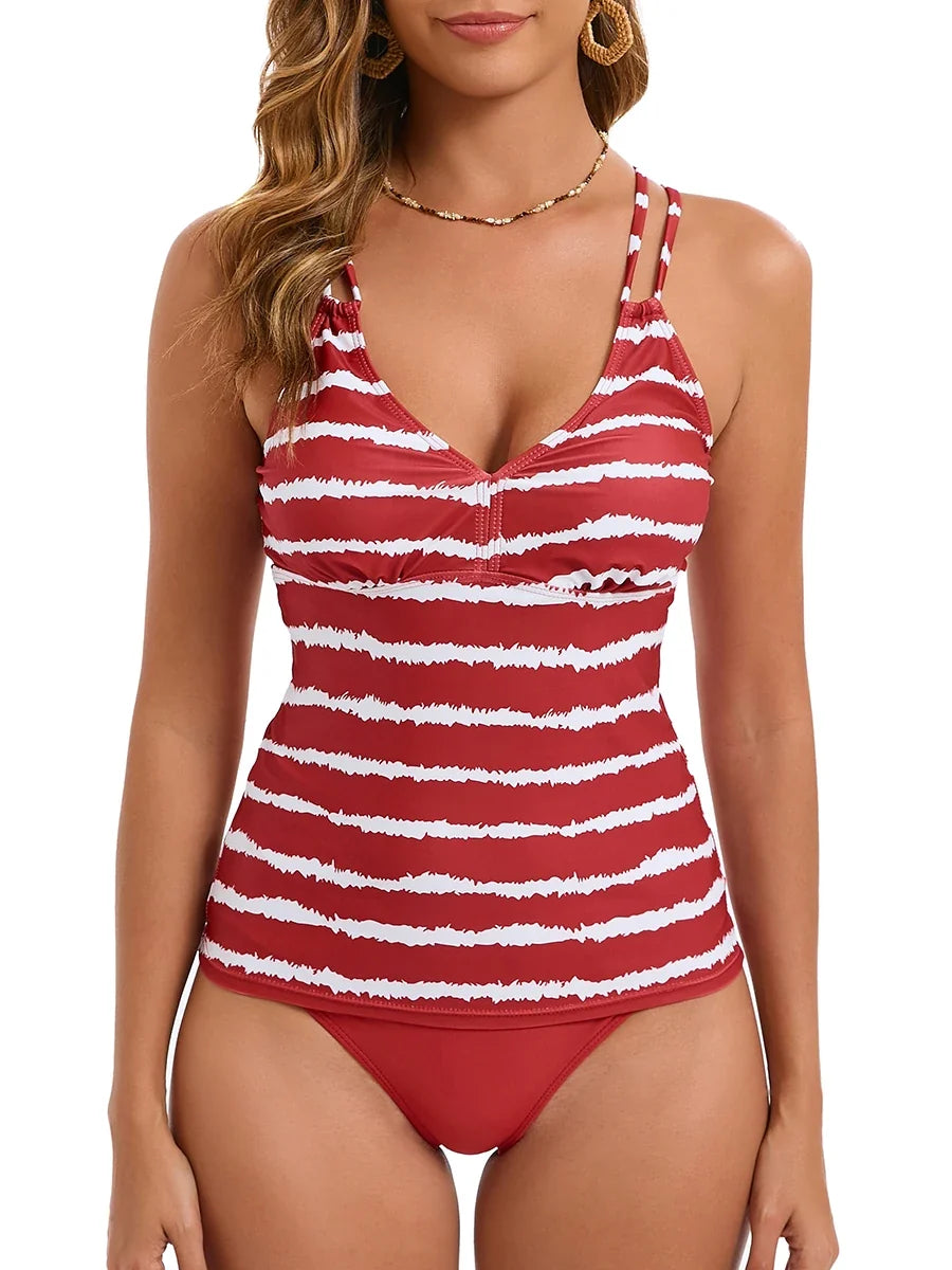 2026 Strappy Tankini Set Two Pieces Swimsuit Women Striped Swimwear Female Bathers Bathing Swimming Swim Suit Beachwear XXL