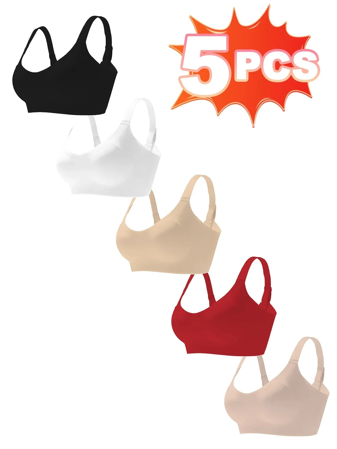5 pcs of Color Women's Seamless Wireless Sports Bras - Soft Stretchy Push-Up Design with Removable Padding Everyday Basic Bras