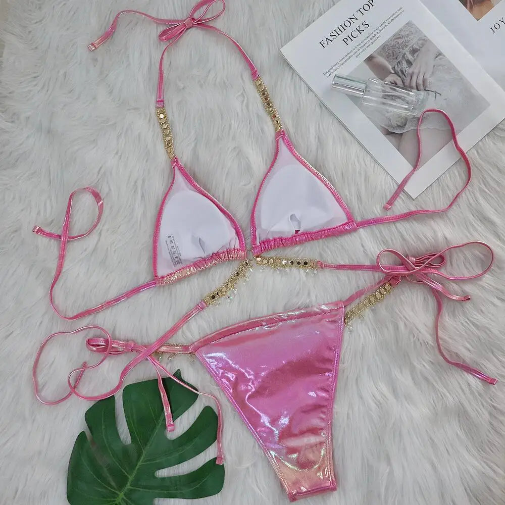 DEKA Shiny Diamond Chain Bikinis Set Mujer Two Pieces Crystal diamond Swimsuit Women Thong Swimwear Sexy Halter Swimsuit