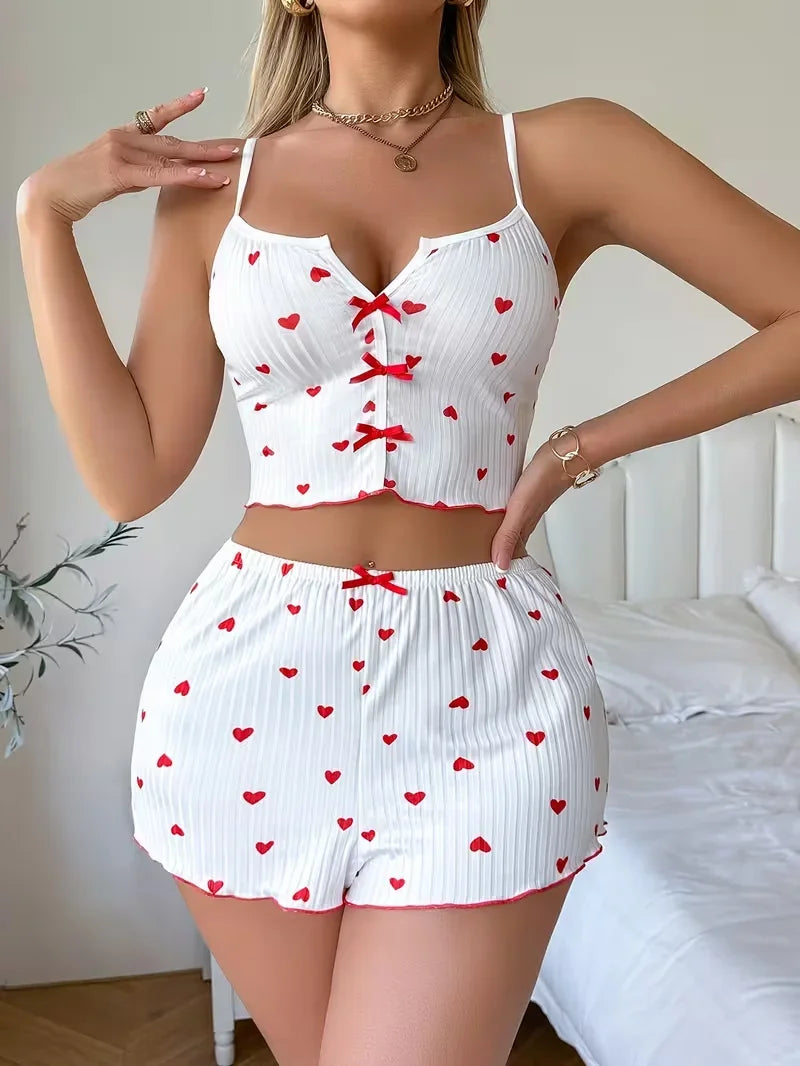 Valentine's Day Women Heart Pattern Printed Pajama Set,Casual Knit Fabric Crop Tops and Shorts Sleepwear Loungewear
