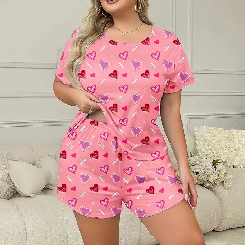 Pink Heart Print Plus-Size Women Sleepwear Pajama Set Nightgowns  Short Sleeve Tee and Shorts  Nightclothes 3XL 4XL 5XL Smooth