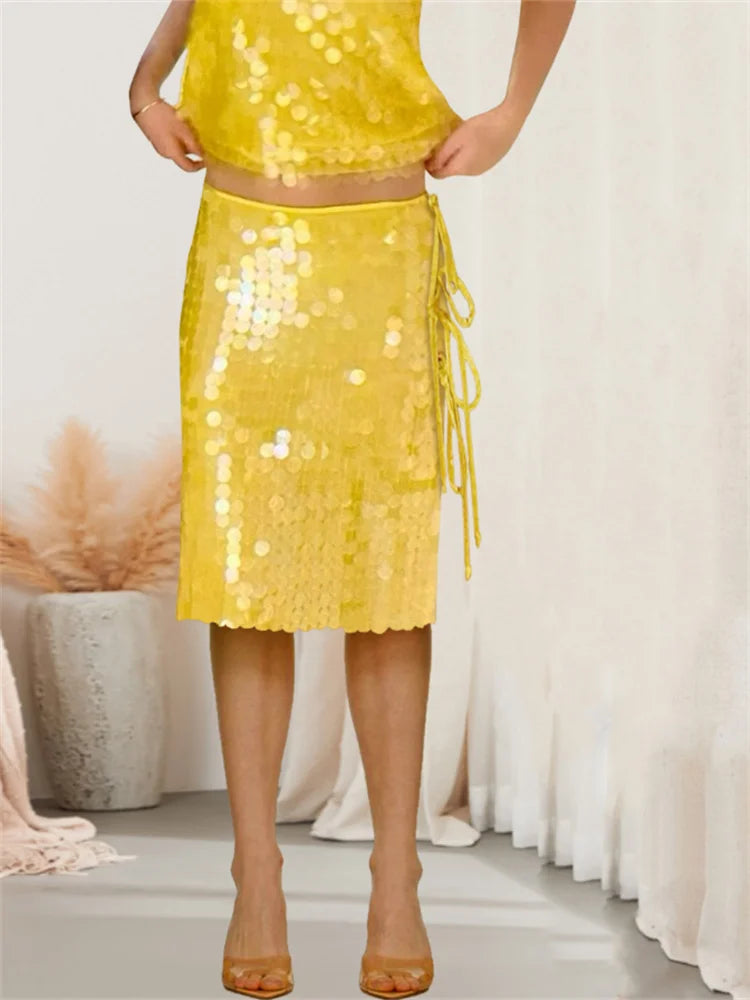 Women's Midi Skirt Sequins Side Bow Tie Design Low Rise Pencil Skirt for Daily Life Party Beach