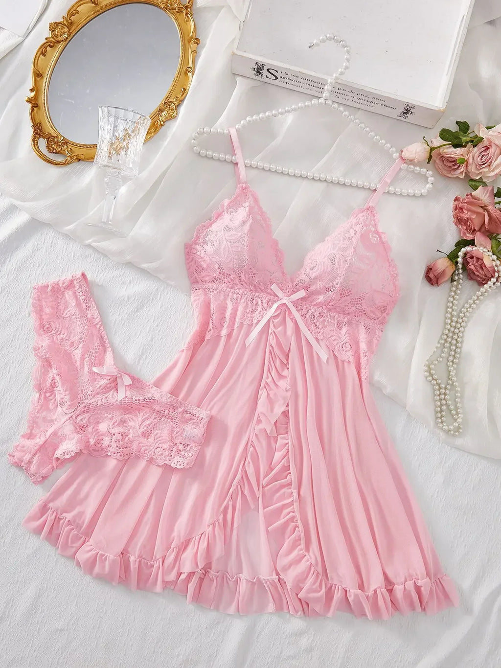 Sexy Lingerie Sleep Dress Women Nightdress Lace Sleepwear Solid Slim Soft V Neck Full Slip Dresses & Panties Set
