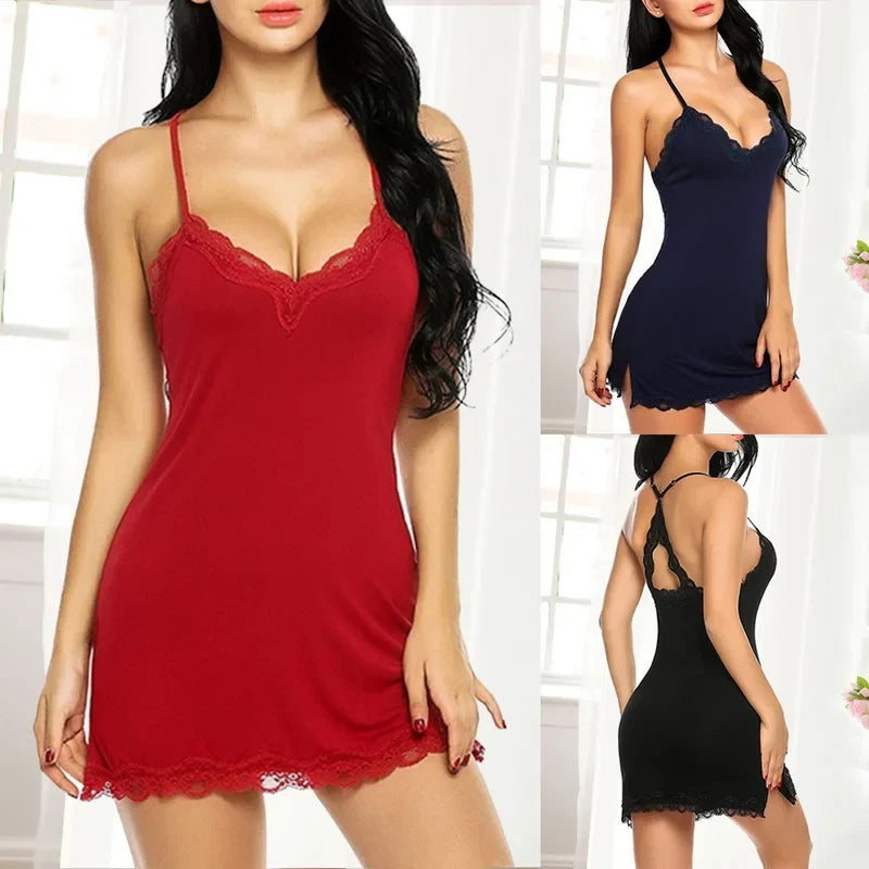 Plus Size 2XL Sexy Lingerie Sleepwear Women Silk Satin Night Dress Nightie Gown Babydoll Lace Mesh Nightwear