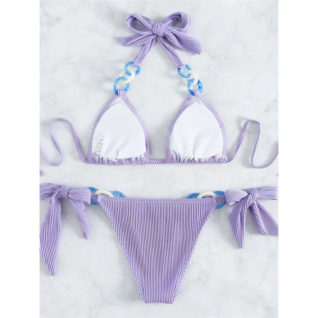 Purple Shiny Ring Ribbed Women Swimwear Bikini Female Swimsuit Two-Pieces Bikini Set Brazilian Bather Bathing Suit Swim V3385