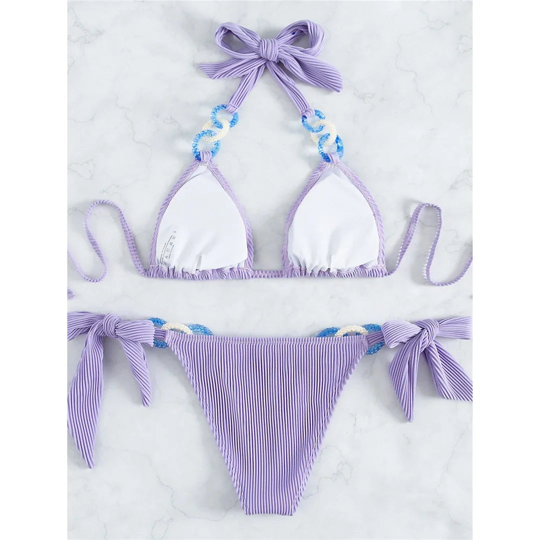Purple Shiny Ring Ribbed Women Swimwear Bikini Female Swimsuit Two-Pieces Bikini Set Brazilian Bather Bathing Suit Swim V3385