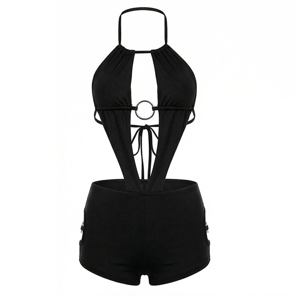 Summer Women Playsuits Sexy Sleeveless Backless Halter Cut Out Bodycon Jumpsuit Club Party Short Romper Streetwear