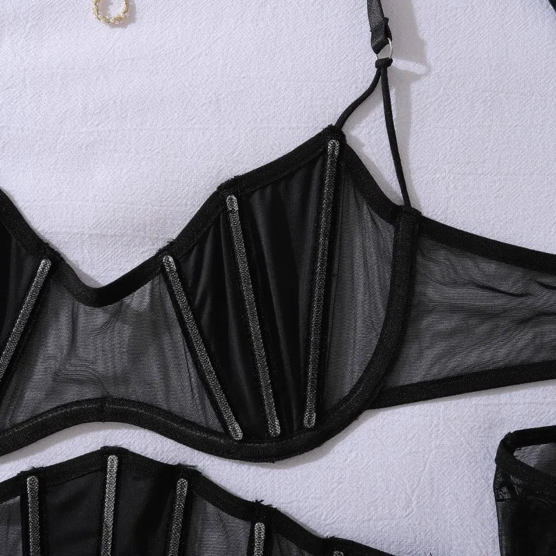 Toucheart Erotic Lingerie black Thin model see-through mesh Patchwork Body shaping gather together pure desire 5PCS with Gloves