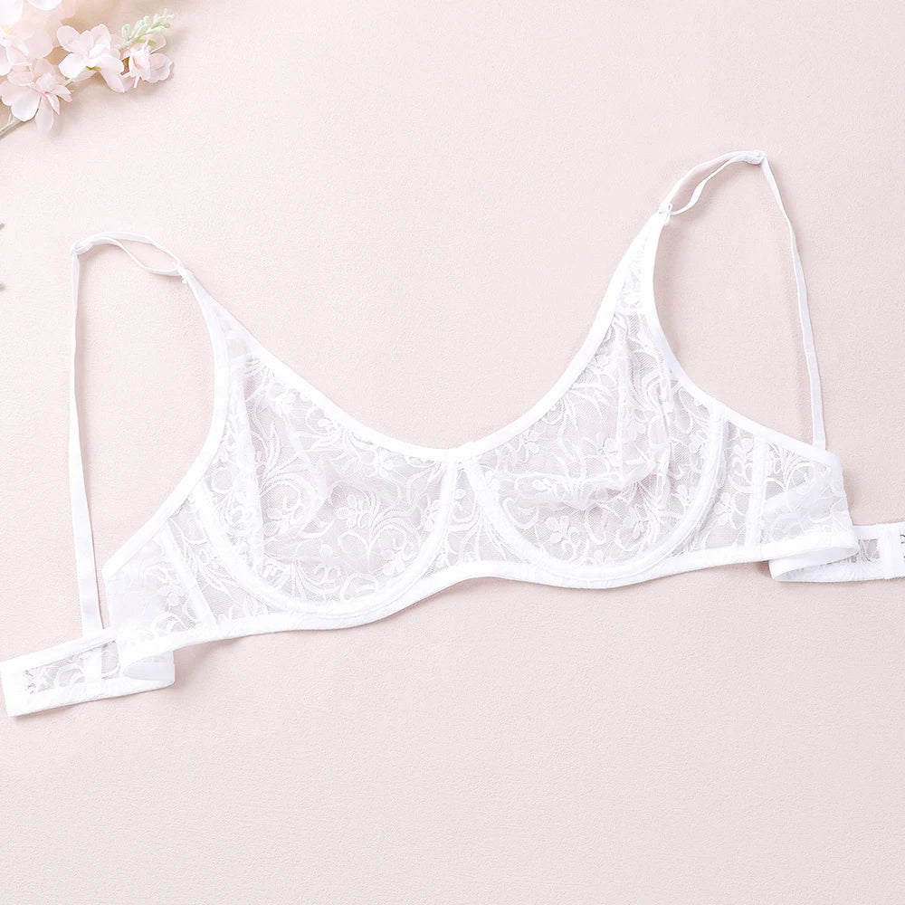 3 Pcs Womens Lace Bra Underwire BH Hollow Out Embroidery Perspective Sexy Underwear Lingerie Tops Plus Size Brassiere