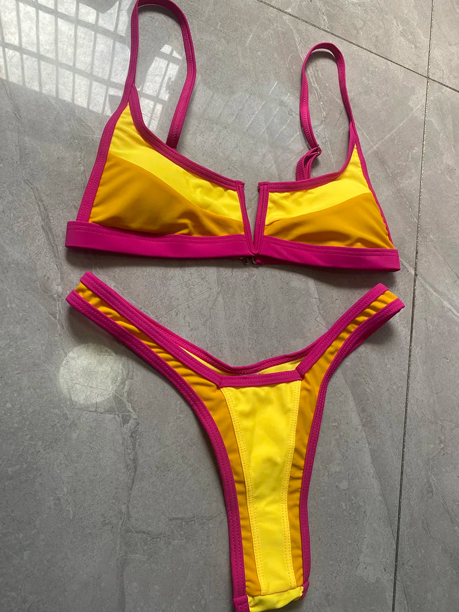 Splicing V Shaped Micro Thong Bikini Women Swimsuit Female Swimwear Two Pieces Bikini Set Push Up Bathing Suit Swim Beachwear