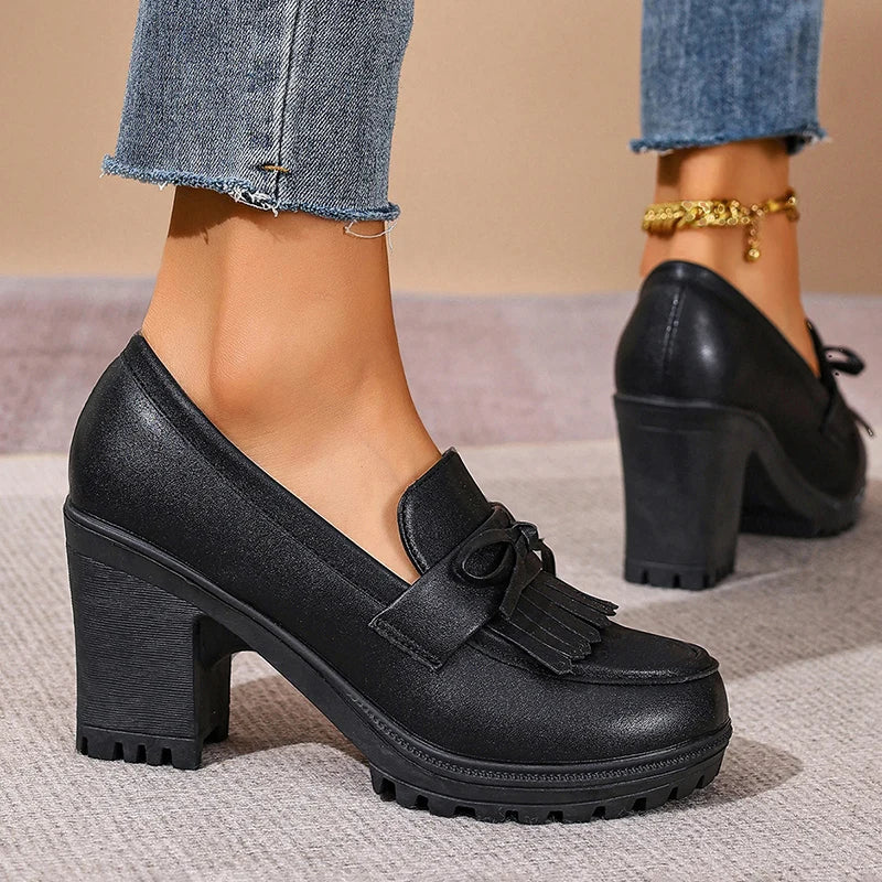 Black Pu Leather High Heel Loafers Women 2026 Autumn Plus Size 42 Slip On Platform Pumps Woman Super High Heels Oxford Shoes