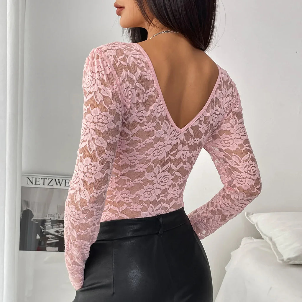 Sexy White Lace Bodysuit Women Solid Color Long Sleeve Sheer Corset Top Autumn Ruffles V Neck See Thourgh Slim Fit Jumpsuit