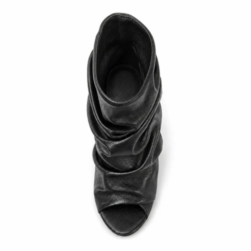Black Soft Leather Peep Toe Pleated Mid-calf Boots Fashion Women 5 CM Thin Heels Solid Booties High Heel Boots Shoes Lady