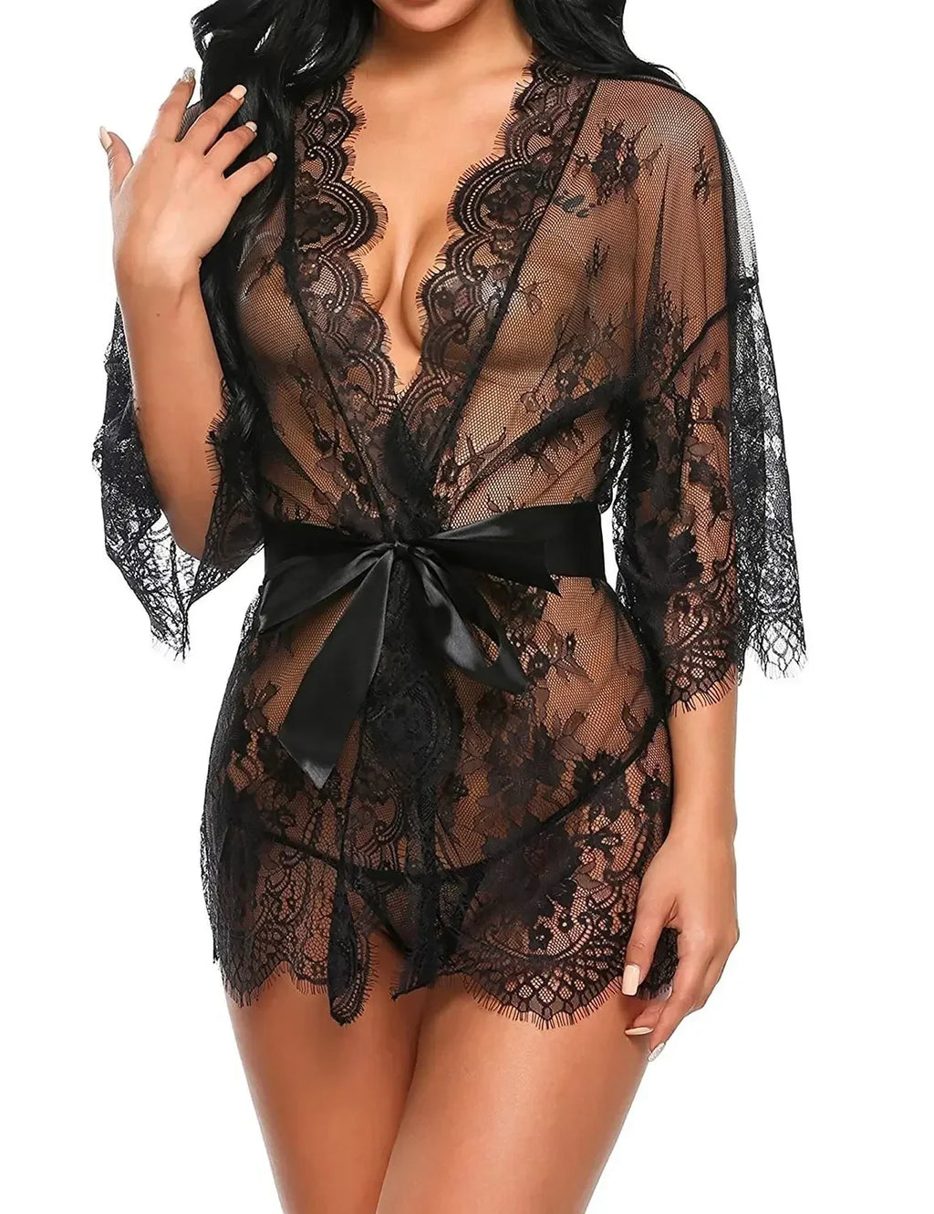 See Through Lace Babydoll Women Sexy Lingerie Erotic Transparent V-Neck Nightwear Robe G-string Robe Sleepwear Dress