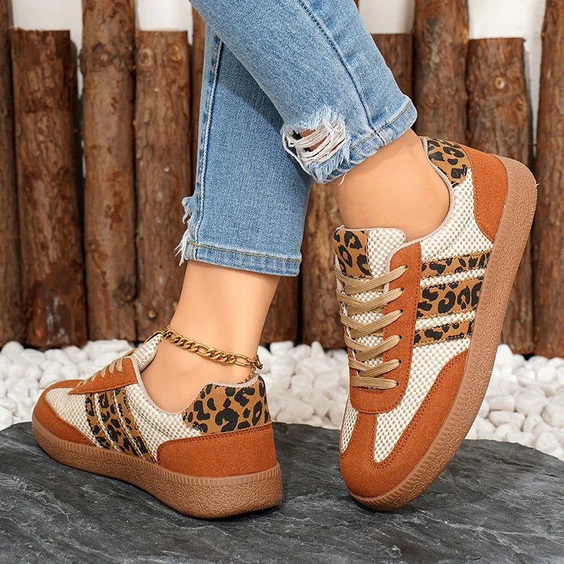Leopard Stripe Lace Up Flats for Women Plus Size 42 Platform German Training Shoes Woman Non-Slip Thick Sole Sport Running Shoes