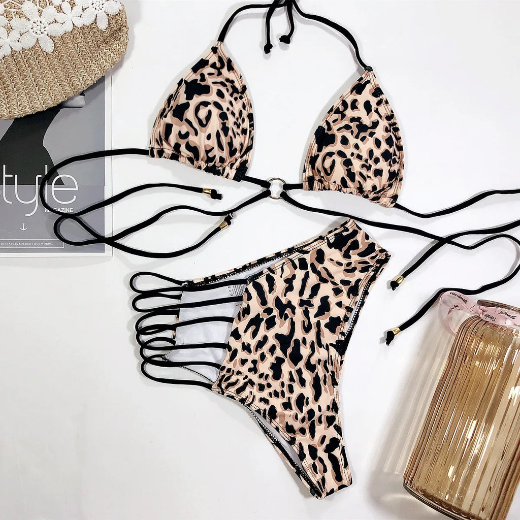Bikini 2026 Sexy Women High Waist Hollow Leopard Swimsuit Swimwear Bikini Set Bathing Suit Female Stroje Kapielowe Damskie Mujer