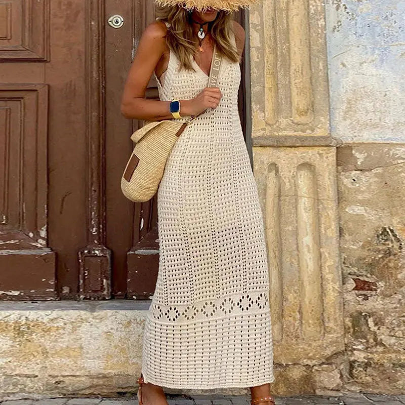 S - XL 2025 V Neck Hollow Out Crochet Knitted Tunic Beach Cover Up Long Cover-ups Beach Dress Beach Wear Beachwear Female Women