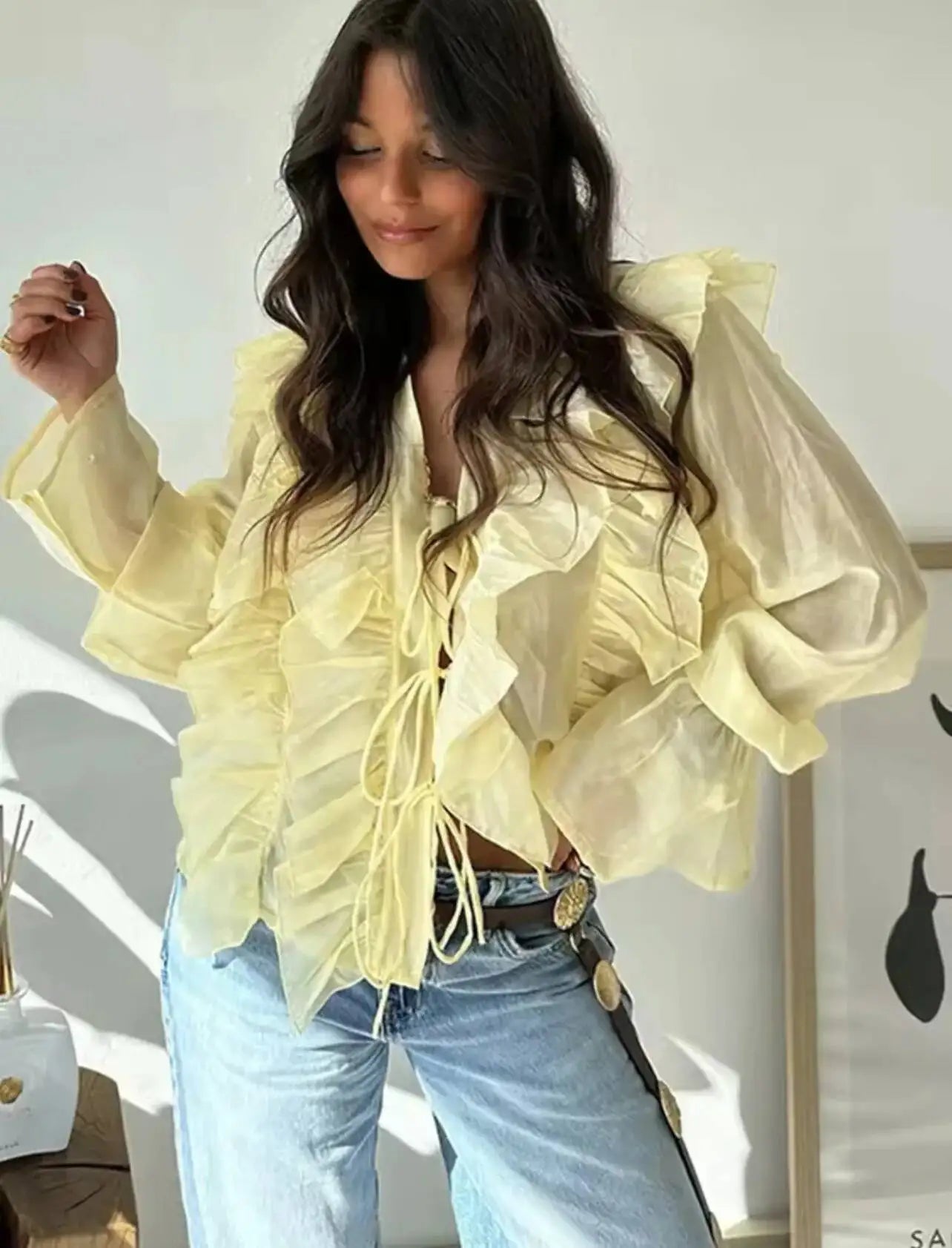 Women's Layered Bell Sleeve Blouse Yellow Ruffled Sheer Blouse V Neck Tie Front Long Sleeve Casual Top With Puffed Sleeves BLZW