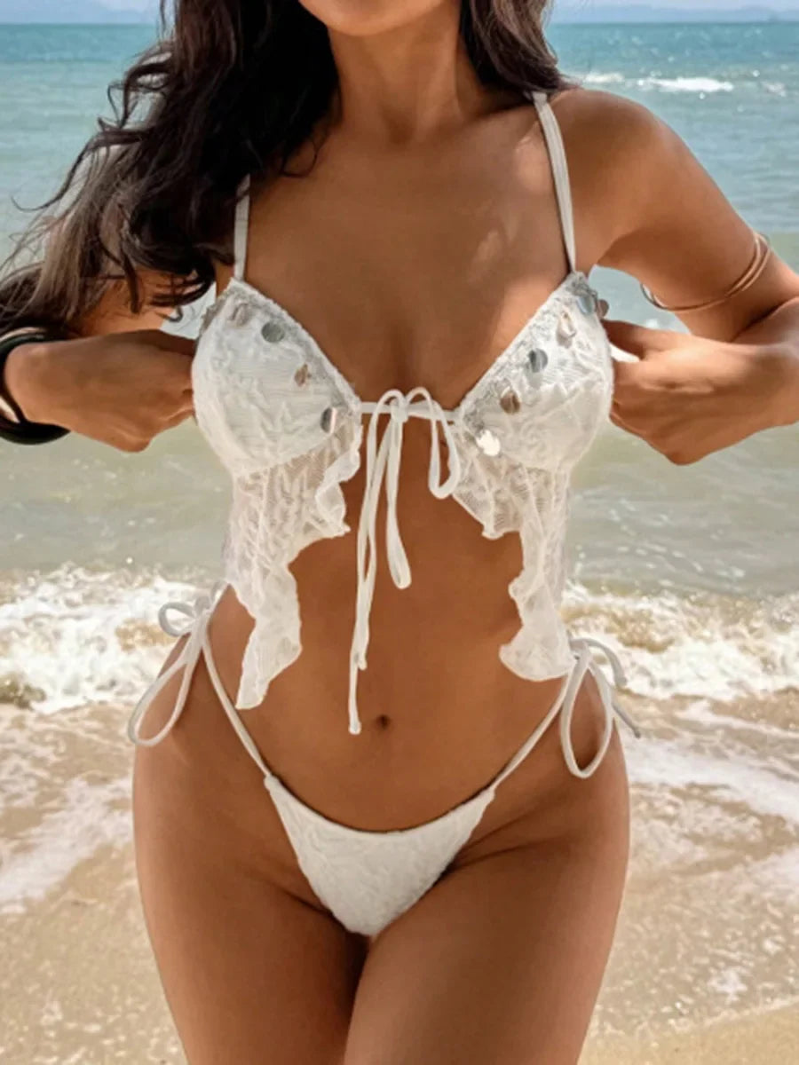 S - XL Sequins Mesh Sheer Bikini Women Swimsuit Female Swimwear Two Pieces Bikini Set High Cut Bathing Suit Swim Lady Beachwear