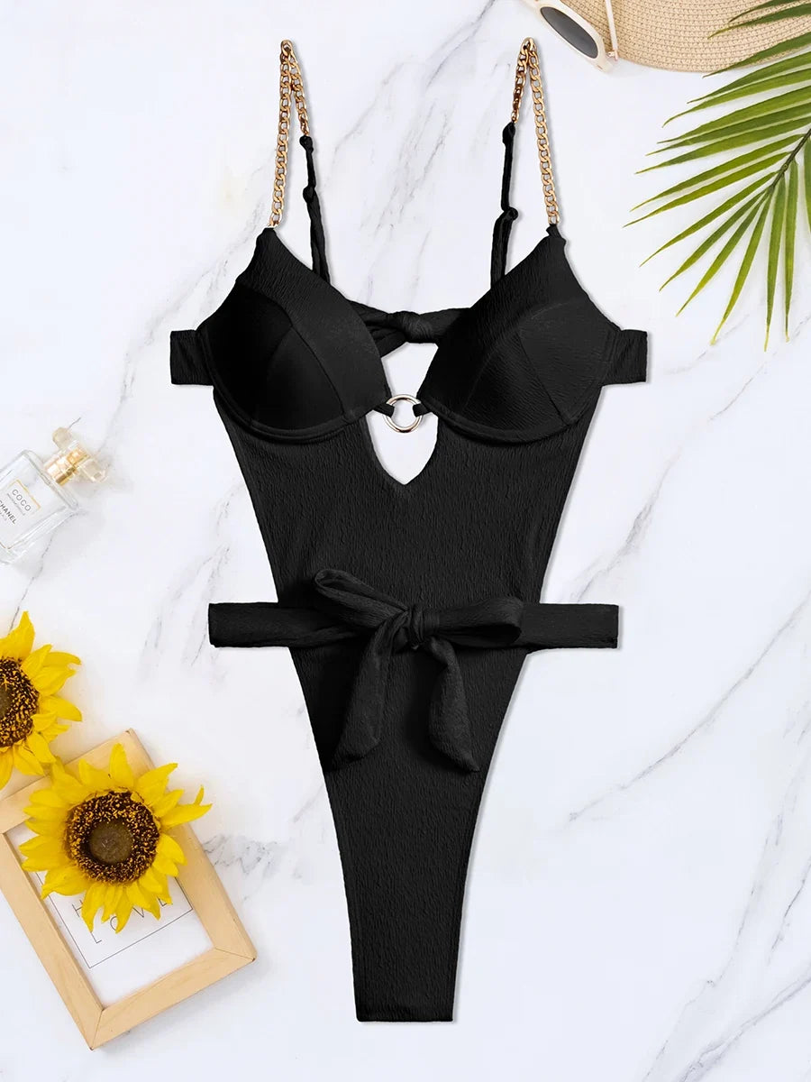 2026 Cut Out Chain Link Swimsuit One Piece Solid Monokini Swimwear Women Push Up Bathing Swimming Swim Suit Female Beach Wear