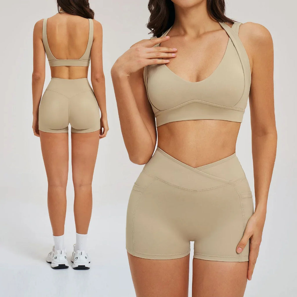 Women' Sports High Waist Shorts Set Fitness Cycling Elastic Sports Pants Yoga Bra Set Gym Sportswear Workout Set Athletic