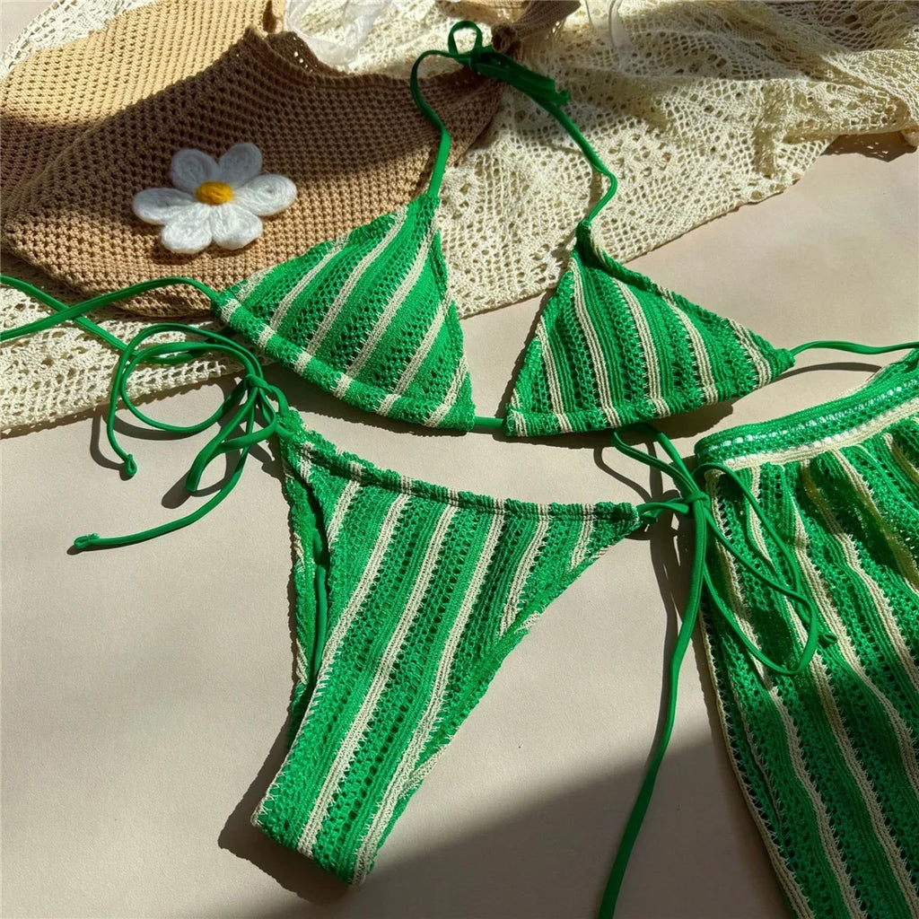 With Shorts Striped Halter Bikini Female Swimsuit Women Swimwear Three-Pieces Bikini Set Padded Bather Bathing Suit Swim V7159