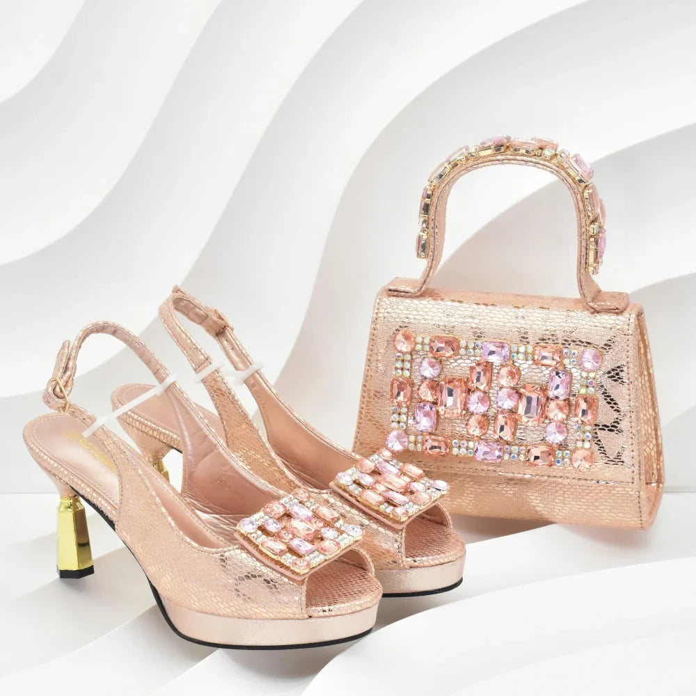 Doershow African fashion Italian Shoes And Bag Sets For Evening Party With Stones PEACH Italian Handbags Match Bags!  HQ1-1
