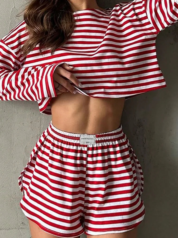 Summer Striped Pajama Sets for Women Sleepwear Long Sleeve Top and Shorts 2 Piece Set Casual Home Wear Loungewear