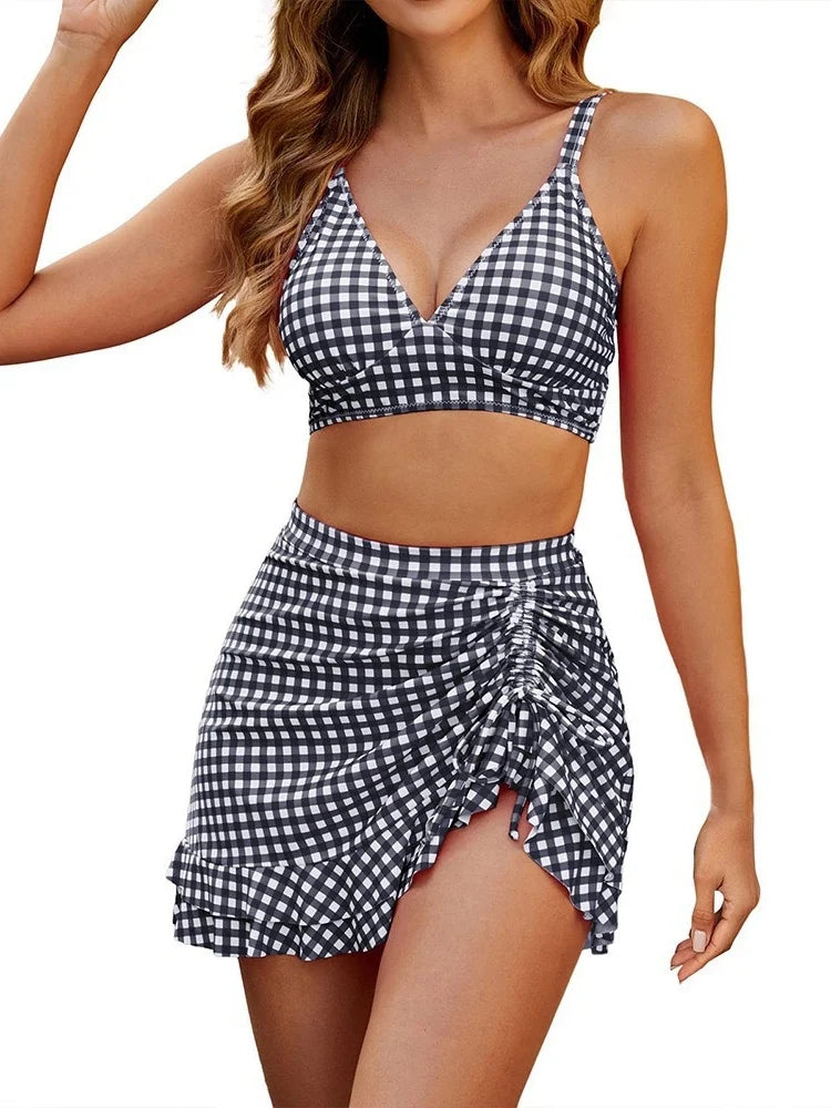 Vintage Black Plaid Drawstring Side Skirt 3 Piece Bikini Set 2026 Swimwear Women V Neck Push Up High Waist Swimsuit Beachwear
