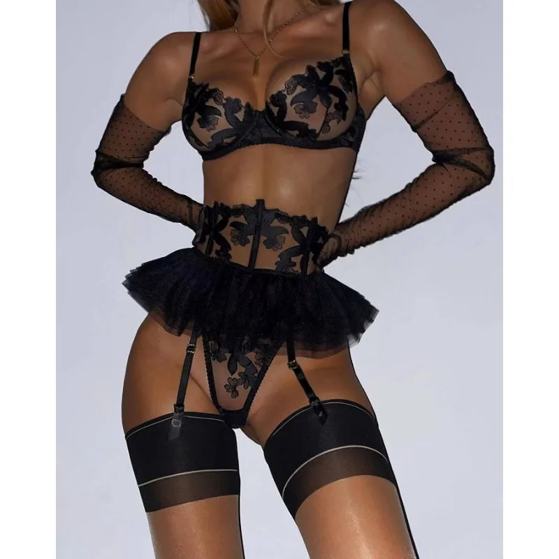 Toucheart 3 Piece Set Lingerie Garter Sets Lingerie For Woman Sexy Mini Skirt See-Through Embroidered Bra Erotic Underwear New