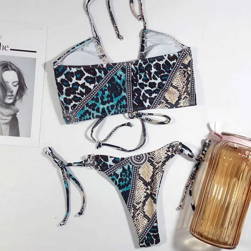 Sexy High Cut Leopard Bikini Women Thong Swimwear Female Swimsuit Two-pieces Bikini set Lace Up Bather Bathing Suit Swim Lady