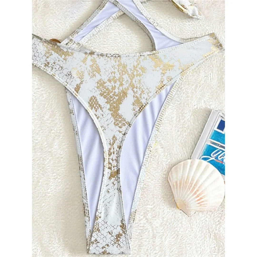 Sexy Tummy Cut Out Leopard Snakeskin Women Swimwear One Piece Swimsuit Female Halter High Cut Leg Bather Bathing Suit Swim V7972