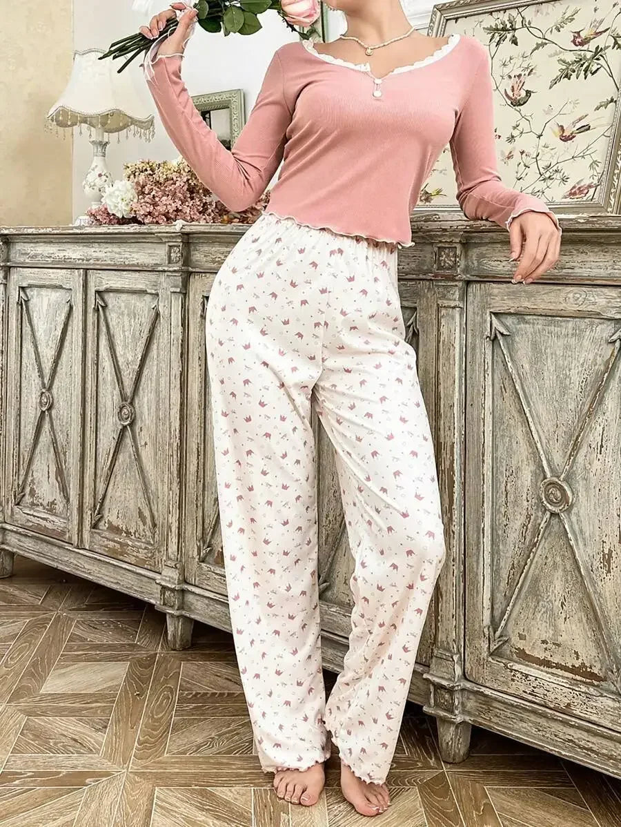 Women Sleepwear  Long Sleeve T-shirt with Long Trouses Set Autumn Winter Pajamas Set Homewear Femme Loungewear