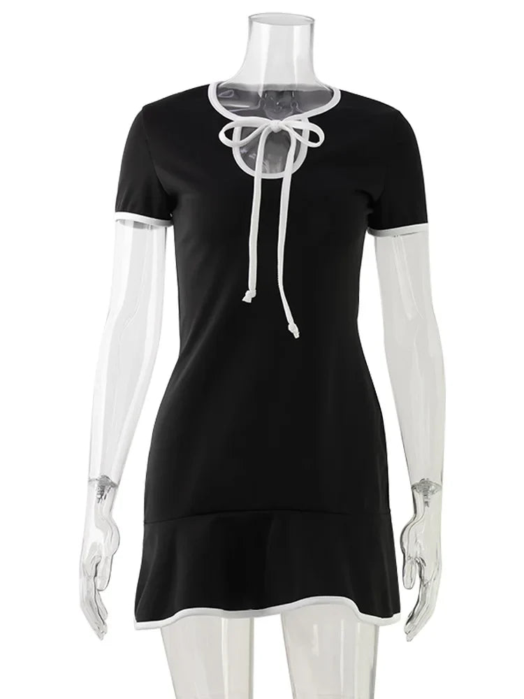 Ahagaga Fashion Women's Mini Dresses Solid Short Sleeves Bows Sheath Slim Fit Bodycon Hollow Out Summer Leisure Sports Vestidos