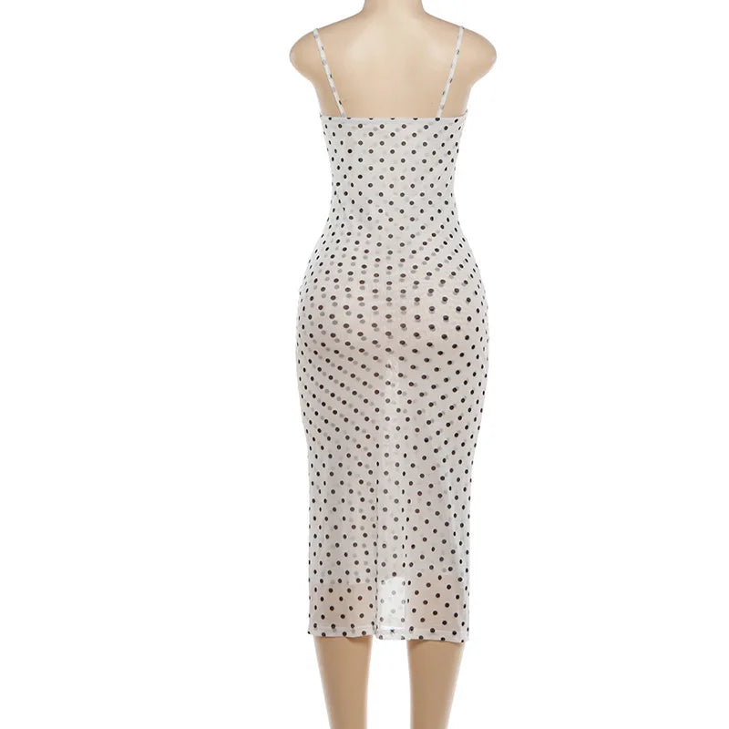 FDYOUI Woman Clothing Elegant Spaghetti Strap Polka Dot Midi Dress Ladies Sexy Lace Patchwork Sleeveless Slim Party Club Dresses