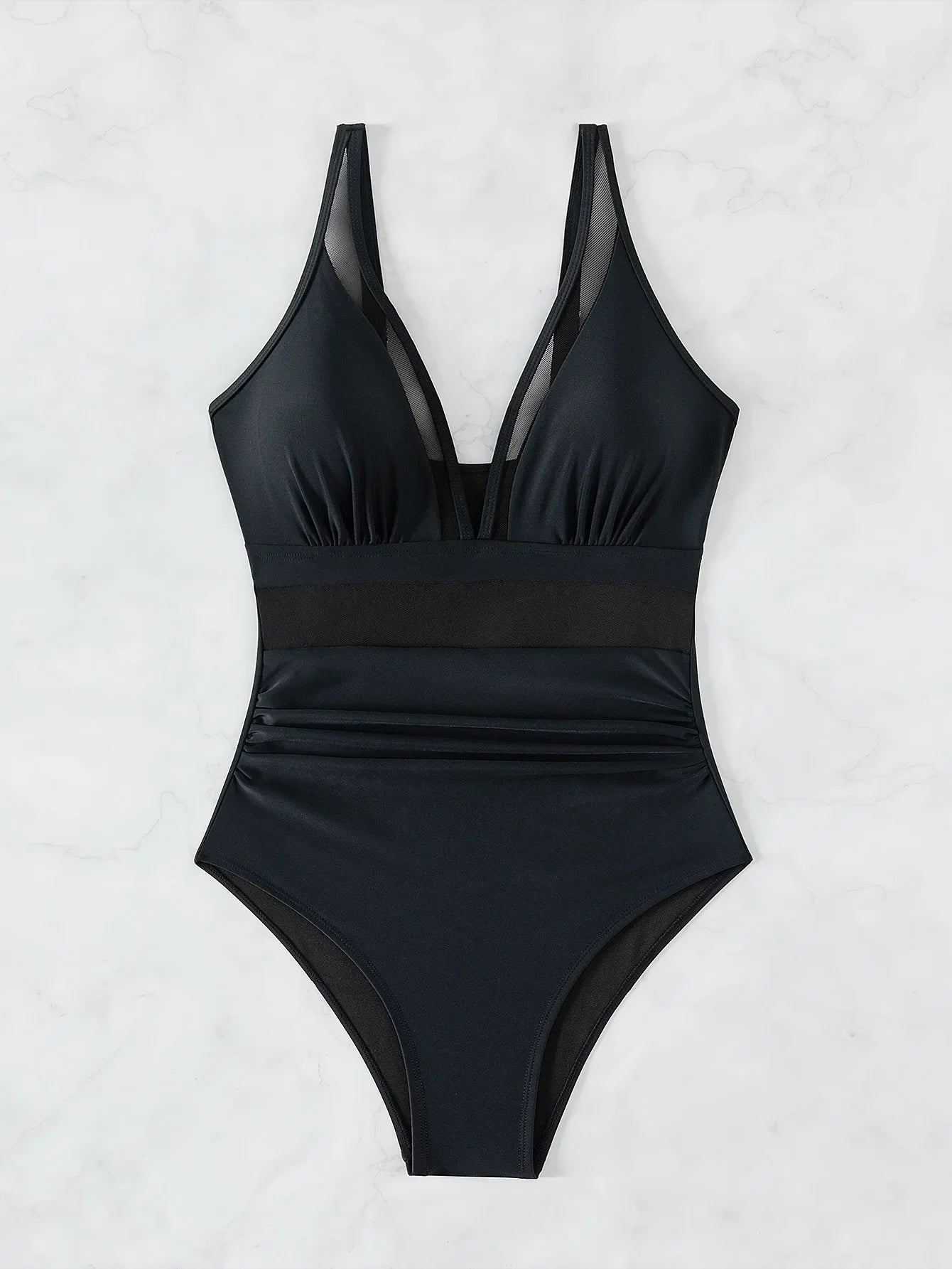 Solid Color One Piece Bikini for Women,sexy Deep-V Neck Suspender Backless Swimsuit,high Waist Translucent Striped Mesh Swimwear