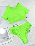 2026 New Sexy Two Piece Swimsuit Swimwear Women Fluorescent Green Hollow Straps High Waist Bathing Suit Beachwear Short Sleeve